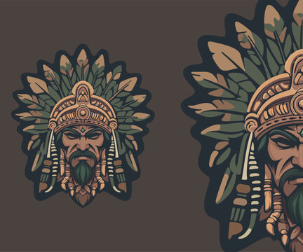 Detailed face of Native American tribal warrior with feathers in war pait by stylized leaves and ornamental ethnic details on a green background