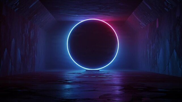Neon portal shimmering in a dark concrete cavern with pink and blue light reflections