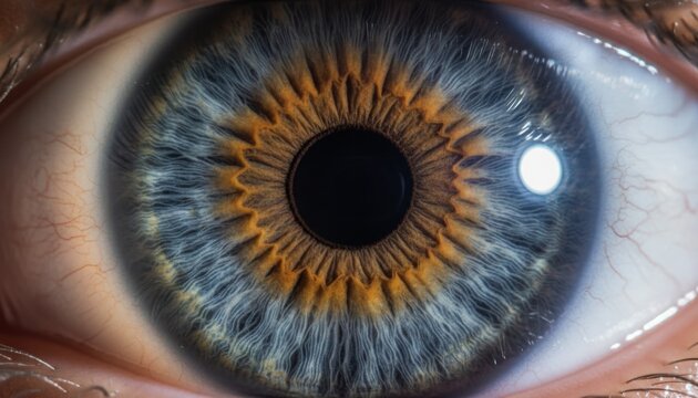 Vibrant Iris: A macro view of an iris showcases intricate textures, rich hues, and captivating details, offering a glimpse into the depth of human expression.