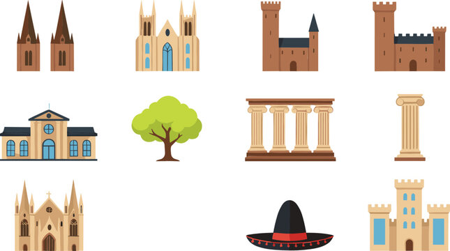 European medieval architecture icons set with castles cathedrals columns buildings historical landmarks vector illustration