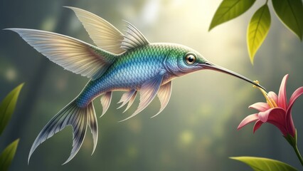 Obraz premium A colorful hummingbird with a long beak and iridescent wings hovering near a pink flower with green leaves in a lush, green forest setting.