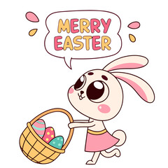 Cute Cartoon Bunny Character Carrying Easter Egg Basket with Speech Bubble