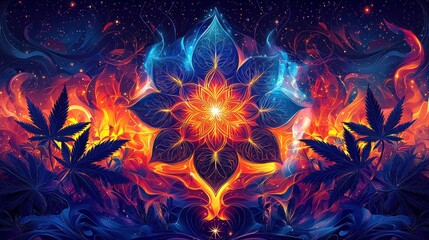 Vibrant Psychedelic Mandala with Cannabis Leaves Bright Colors Artistic Design