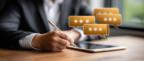 Businessman uses a digital pen to interact with a virtual screen showing chat bubbles on a tablet in a bright office environment