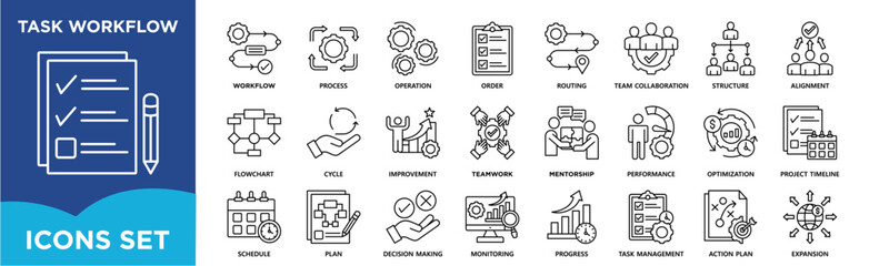Task workflow icon set featuring process flow, scheduling, planning, task coordination, progress tracking, optimization, monitoring, and project timeline management. outline vector icons 