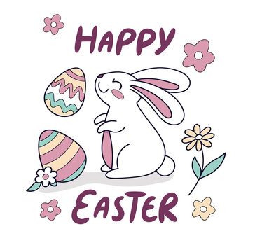 Sleeping White Bunny with Flowers and Patterned Easter Eggs