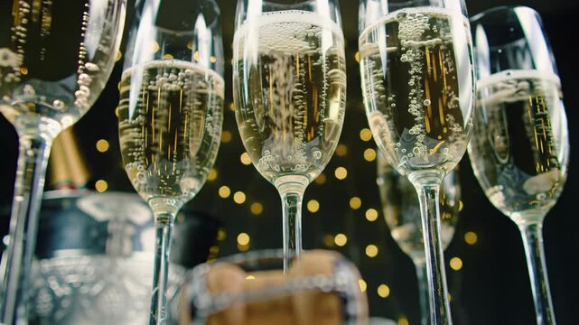 Close-up low-angle dolly video revealing crystal champagne flutes brimming with golden effervescent bubbles, blurred bokeh, and a detailed cork. Opulent luxury and joyful festivity concept