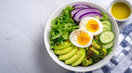 Top-down bowl of fresh salad featuring avocado slices, boiled eggs, cucumber, broccoli, red onion, and greens