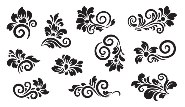 Set of black floral swirl designs and ornate scrolls on white background