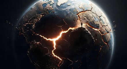 The fragile Earth glows with internal cracks, a lone figure observing the profound global environmental crisis and the urgent need for planetary restoration
