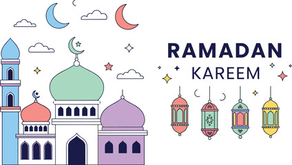 Fototapeta premium Ramadan Kareem, mosque, lanterns, crescent moon, stars, celebration, Islamic, festive, joyful, colorful, cartoon, pastel, vector, flat, greeting, religion, culture, tradition, spiritual, 