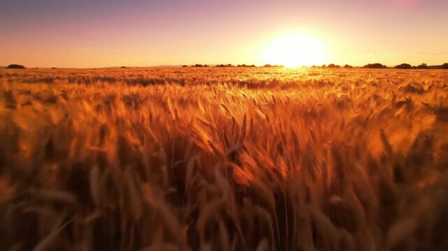 Golden wheat field at sunset with warm light shining on the crops from a low angle