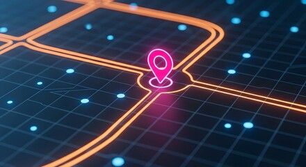 Neon map marker on grid background