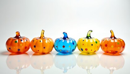 Obraz premium Colorful Glass Pumpkin Decorations with Polka Dots on White Surface