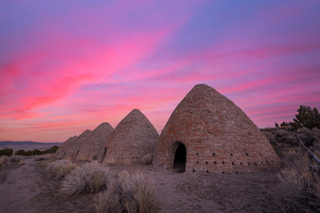 Vibrant sunrise colors over the Historical Ward Charcoal Ovens in Nevada 