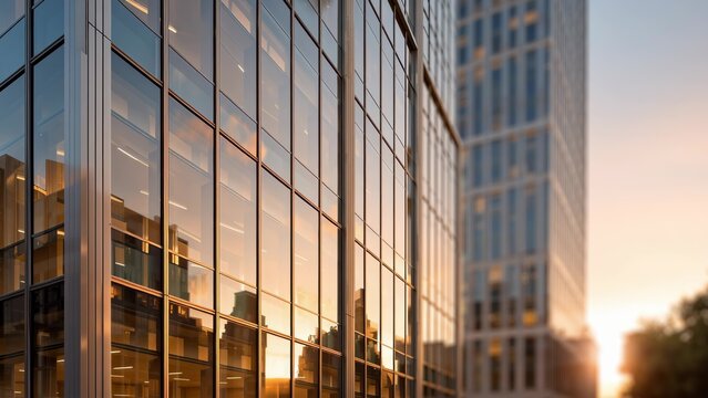 Sunset glow ripples across a modern glass facade, warm reflections on window grids as the camera slowly tracks along the office exterior with shallow depth of field and clean copy space for ads