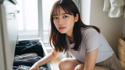 Young Japanese woman doing laundry and organizing clothes at home with natural light