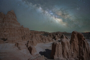 Moon light illuminating jagged rock formation in Cathedral Gorge State Park Nevada 