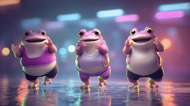 Three cheerful cartoon frogs dancing in a colorful neon setting