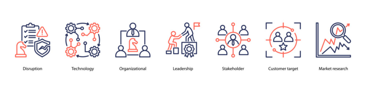 Market Leadership web banner vector illustration featuring Disruption, Technology, Organizational, Leadership, Stakeholder, Customer target, and Market research.