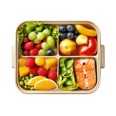 Healthy bento box meal with fresh fruits and vegetables on transparent background
