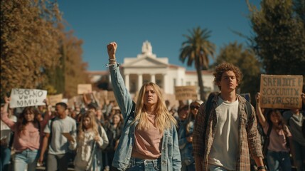 Determined Young Students Protesting with Raised Fists at University Campus