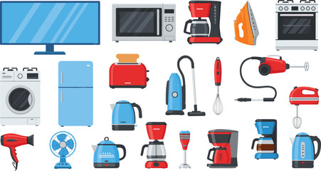 Home household appliances icons set with kitchen electronics vacuum washing machine modern vector illustration