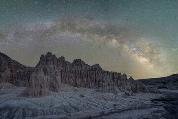 Milky Way Galaxy panorama over a unique rock formation at Cathedral Gorge State Park in rural Nevada 