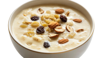 Creamy dessert with nuts and raisins on transparent background