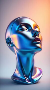 A striking and futuristic metallic sculpture depicts the elegant form of a human head bust, rendered with an iridescent, highly reflective surface. Vibrant blue, purple, and orange hues playfully shim