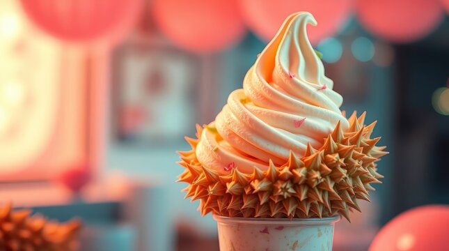 A vibrant and unique dessert is presented in a close-up shot, featuring a tall, swirling peak of creamy soft-serve or whipped topping. The base of this delicious treat is adorned with distinctive, spi