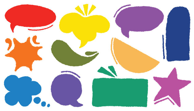 Colorful hand drawn speech and thought bubbles set on white background. Chat bubbles with tail for text boxes UI and comic. Ideal for comics, stickers, and fun layouts
