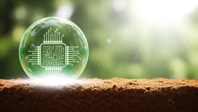 Glowing green circuit board in glass sphere on soil with blurred greenery background