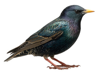 A beautiful bird with iridescent feathers and a striking yellow beak. It is perched with an air of elegance and vibrancy Isolated Transparent Background, PNG