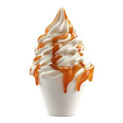 Caramel drizzle soft serve ice cream, close-up, white background
