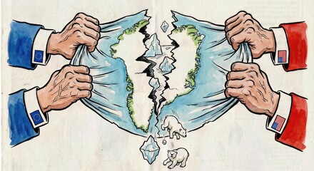 Hands tearing apart a Greenland map with EU and US flags symbolizing geopolitical tensions