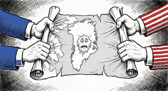 Two hands pull apart a map showing Greenland, with a sad ice figure in the center, symbolizing geopolitical tension and the climate divide