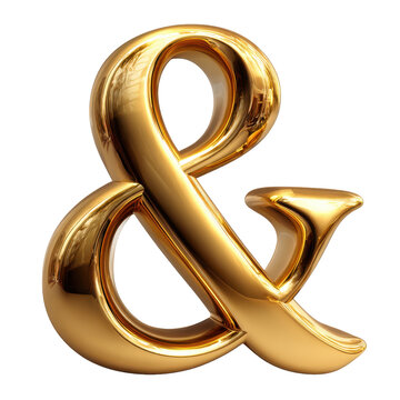 Large gold ampersand symbol with a thick beveled 3D form, smooth flowing curves, polished metallic reflections, and crisp edge highlights isolated on transparent background.