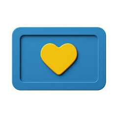 Blue rectangular icon with a centered yellow heart, clean flat card shape with subtle depth, crisp edges, and smooth surface finish isolated on transparent background.