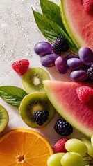 Colorful fruit assortment with watermelon, kiwi, orange, grapes and berries on a light background. soft light