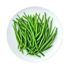 Fresh green beans on white plate isolated on transparent background