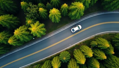 Aerial view of a white car driving on a winding road surrounded by green and yellow trees