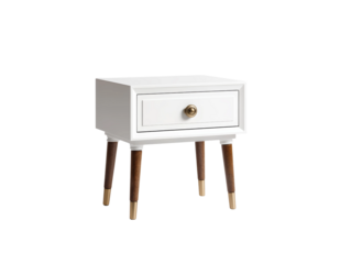 A stylish white nightstand with a drawer and elegant wooden legs. A fusion of modern and classic design Isolated Transparent Background, PNG