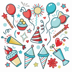 Whimsical Birthday Party Hats and Noise Horns Hand Drawn Vector