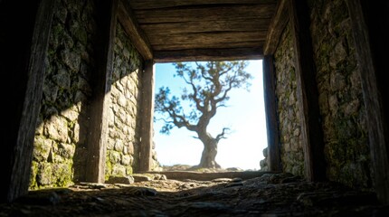 Old rustic stone and wood window frames a view of a large ancient tree, with bright sunlight streaming into the dark, mossy interior of a forgotten ruin