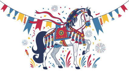 Decorated Festival Horse with Banners, Confetti, and Streamers for Celebration on Isolated White Background