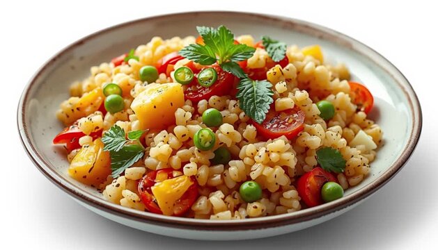 A delicious and healthy bowl of couscous salad with vegetables on a white background for a video recipe
