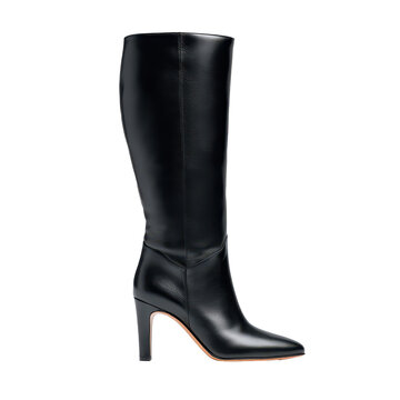 Tall black knee high boot with a sleek fitted shaft, defined heel, smooth leather texture, subtle polished shine, and clean seam detailing along the silhouette isolated on transparent background.