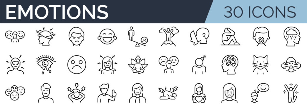 Set of 30 outline icons related to emotions. Linear icon collection. Editable stroke. Vector illustration