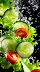Close-up of a fresh salad with cucumber rounds, crisp green lettuce, tomatoes, droplets on surfaces. fresh dew